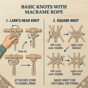 An illustrated tutorial demonstrating how to tie a square knot and a lark's head knot using a thick macrame rope.