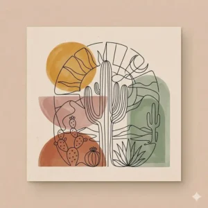 Stylized bohemian artwork of a desert landscape featuring saguaro cacti, rolling sand dunes, and a large terracotta sun.