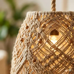 Close-up shot showing the intricate weave pattern and warm light glow of a bohemian hanging lamps.