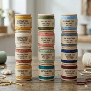 A vibrant array of dyed macrame yarn in mustard yellow, sage green, and terracotta orange.