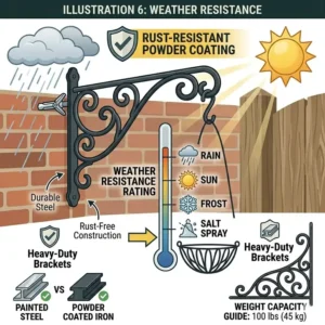 An illustration highlighting the rust-resistant coating on outdoor hanging brackets for planters.