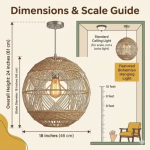 Dimensions and scale guide for a large globe-shaped bohemian hanging lights compared to standard ceiling heights.