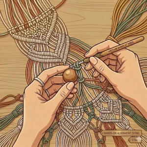 An illustration of a metal fringe brush brushing out a cotton cord showcasing specialized macrame supplies for creating feathers.