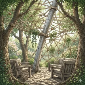 A detailed illustrative rendering of a sophisticated outdoor rope art canopy installation, featuring a vast, geometric web of natural fiber ropes integrated with climbing ivy and weathered wood supports over a garden seating area, with filtered sunlight.