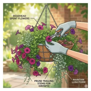 A close-up square illustration of hands using pruners to trim dead leaves and spent flowers on cascading hanging basket plants to encourage new growth.