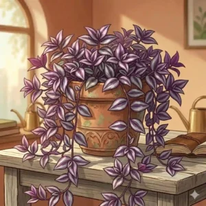 Vibrant purple and silver striped leaves of a Tradescantia zebrina trailing houseplant growing in a nursery pot.