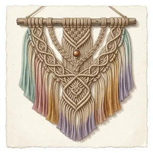 A detailed illustrative rendering of a bohemian multi-colored rope art tapestry, featuring natural cotton rope in complex geometric knots on a rustic wooden dowel, with the lower fringe dyed in soft pastel ombre and dip-effect shades of seafoam, dusty rose, and golden-ochre.