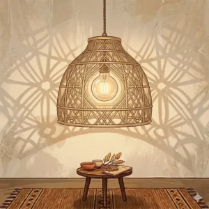 Chic bohemian interior featuring a signature statement boho dining room light piece.