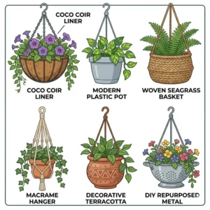 A square illustration grid displaying six different types of containers for hanging basket plants, including macrame hangers, coir liners, and repurposed metal pots.