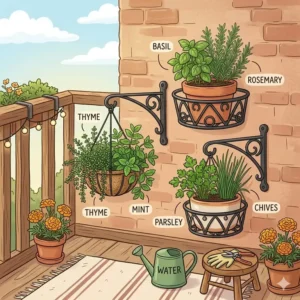 A balcony layout illustration utilizing vertical space with hanging brackets for planters.