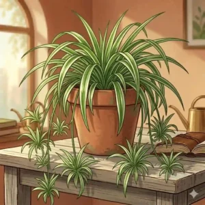 A mature indoor spider plant producing long cascading runners and baby plantlets hanging over a tile surface.