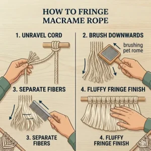 An illustration showing how to brush out the ends of a twisted macrame rope to create a smooth, fluffy fringe effect.