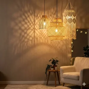 Warm golden light filtering through bohemian hanging lights, casting intricate geometric shadows on the wall.