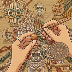 A creative illustration of a pegboard and shelves neatly organizing various macrame supplies ropes and crafting tools.