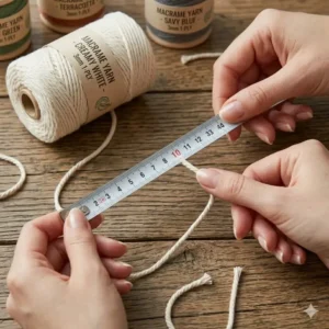 A person measuring a length of cream-colored macrame yarn with a tape measure before starting a craft.