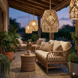 Weather-resistant bohemian hanging lamps styled on a covered outdoor patio with wicker furniture.