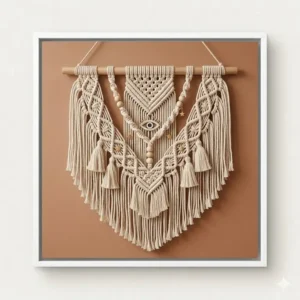Digital bohemian artwork illustrating a textured woven macrame wall hanging with fringe and wooden bead details.