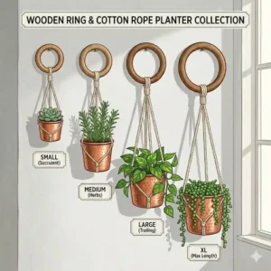 A retail collection displaying various sizes of handmade wooden ring and cotton rope planter hangers for wall decor.
