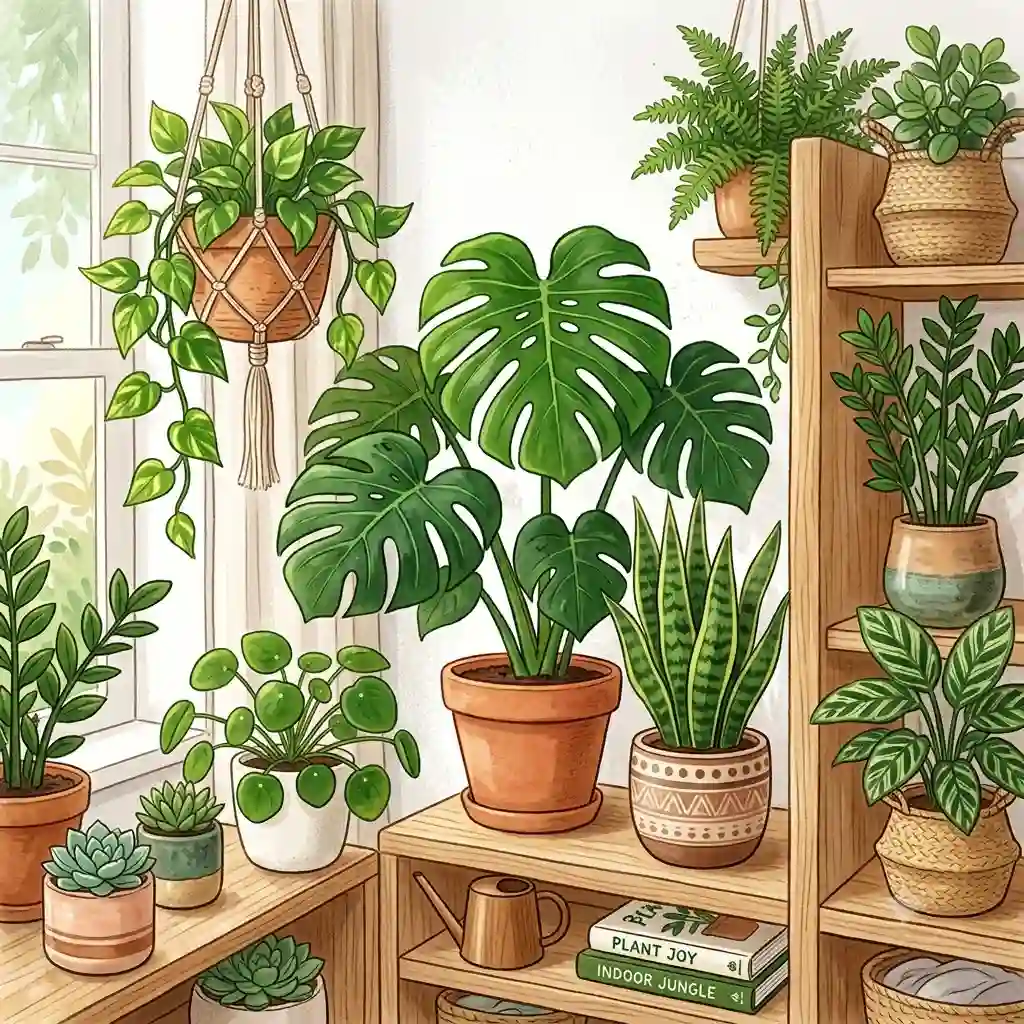 A vibrant collection of green house plants, including a Monstera and Snake Plant, styled in a bright, sunlit living room.