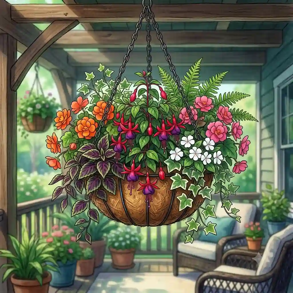 A lush, vibrant hanging basket filled with shade-loving plants like fuchsias and begonias hanging on a covered porch, showcasing the best hanging baskets for shade.