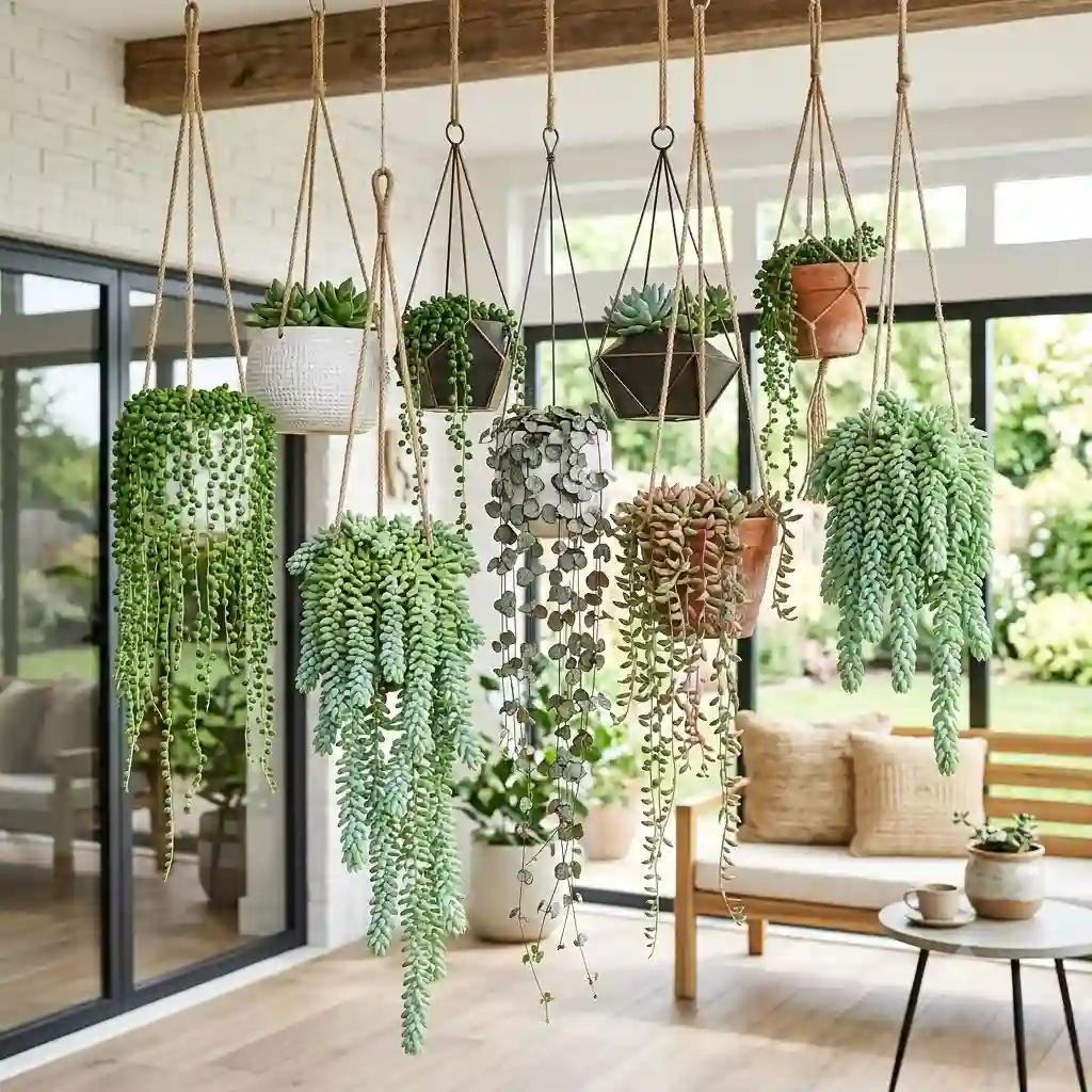 A vibrant indoor display of various lush succulents for hanging pots cascading from modern ceramic planters.