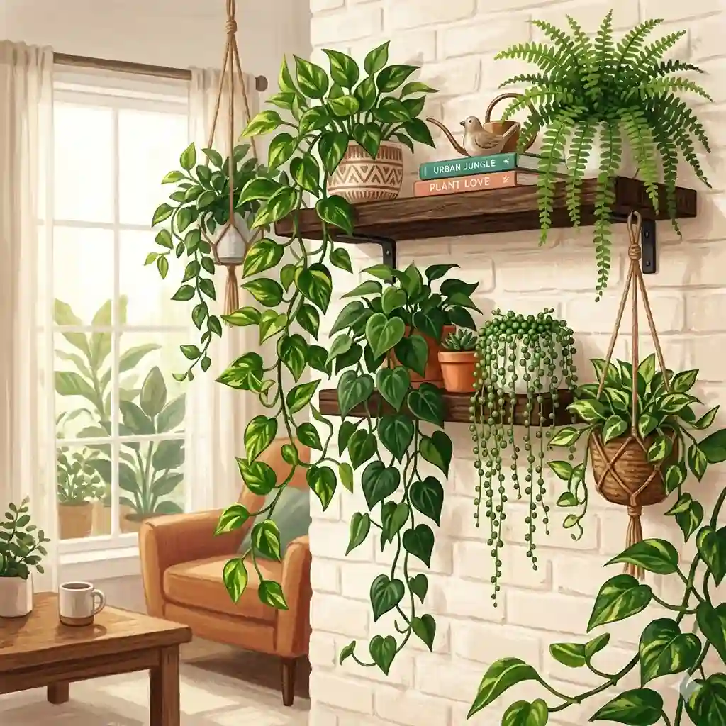 A bright living room featuring a variety of lush trailing house plants cascading down from a high floating wooden shelf.