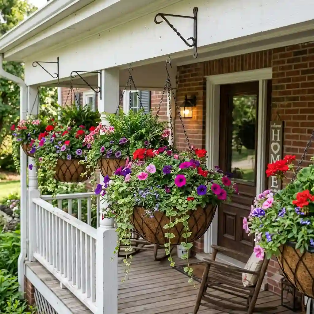 A beautiful front porch adorned with multiple overflowing and lush large hanging plant baskets filled with colorful petunias and ferns.