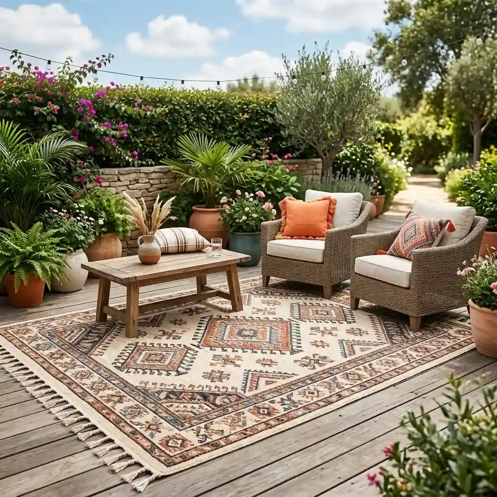 A detailed illustration showing a featured patio setup with outdoor rugs 8x10 boho style.
