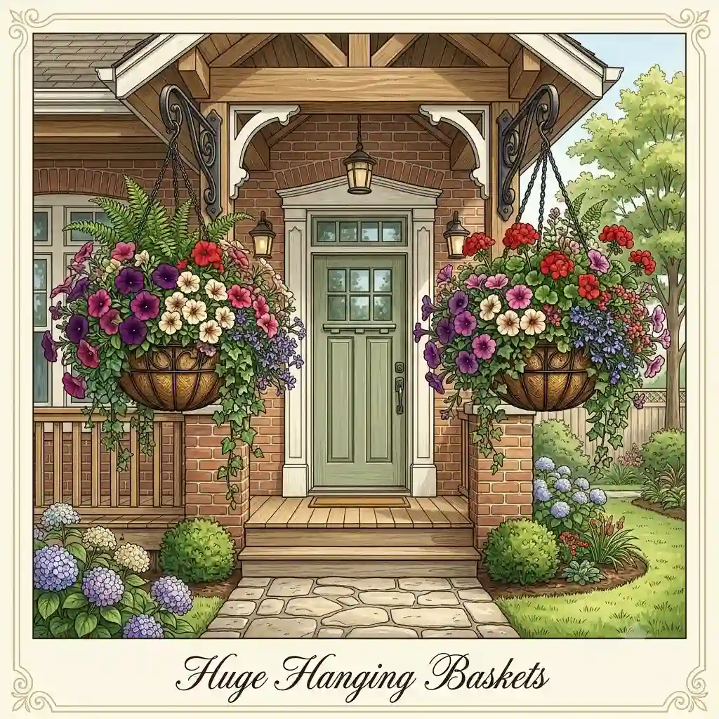 A pair of huge hanging baskets filled with vibrant, overflowing petunias and ferns flanking a craftsman-style front door.