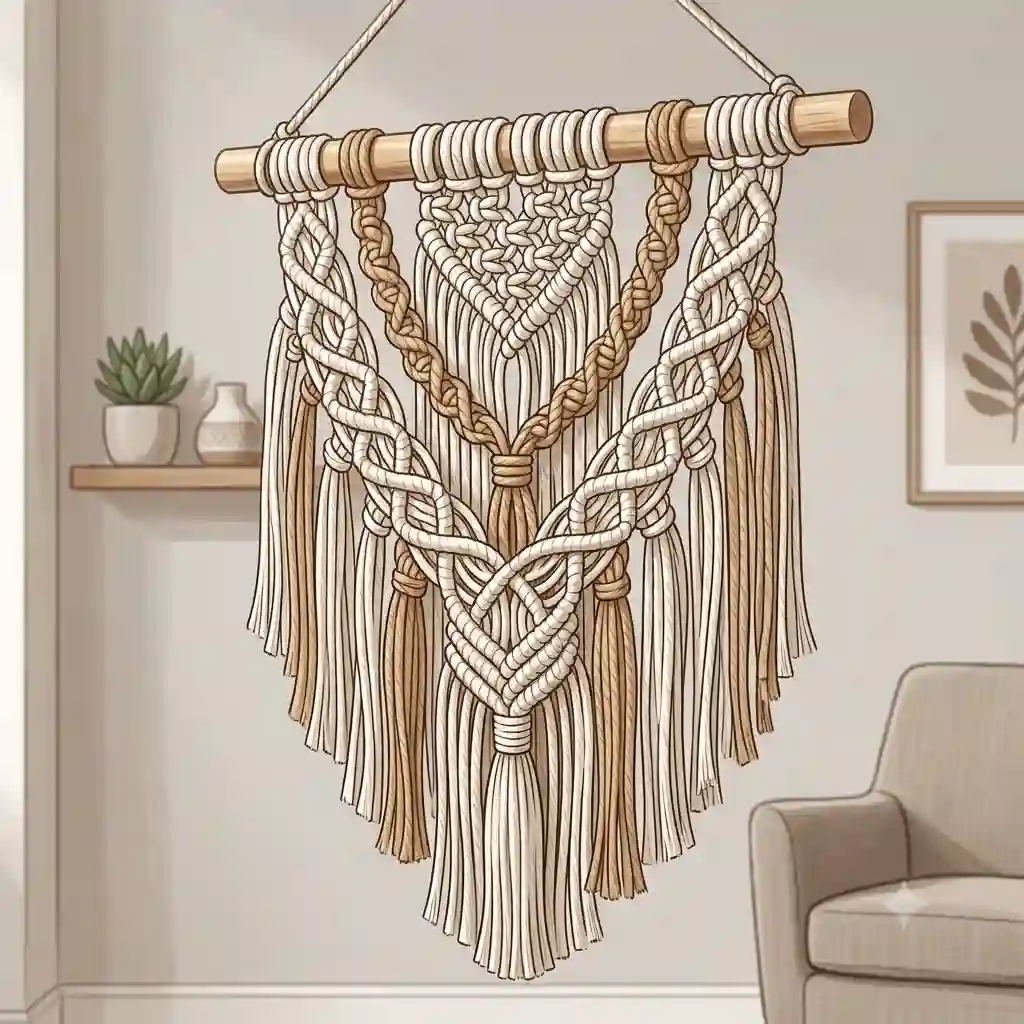 A large, modern rope artwork installation featuring intricate knots hanging on a minimalist living room wall.