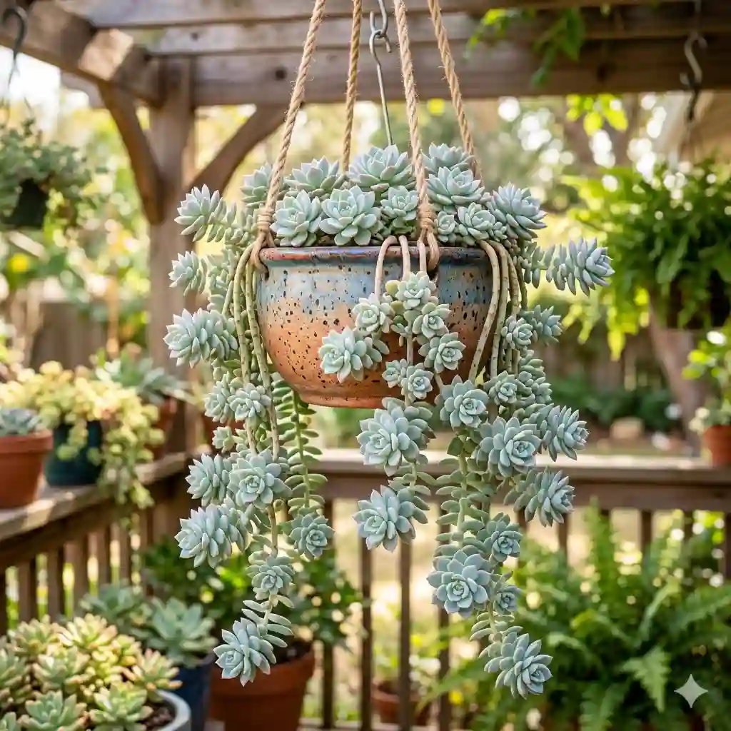 A vibrant trailing echeveria plant spilling over the edges of a terracotta hanging basket on a sunny patio.