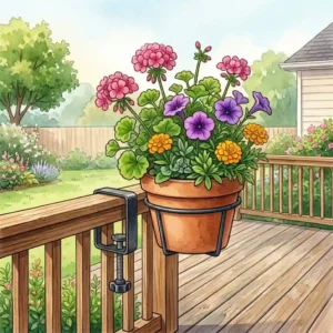 An illustration showing how a clamp-on deck plant hangers setup easily attaches to a wooden deck railing without drilling.