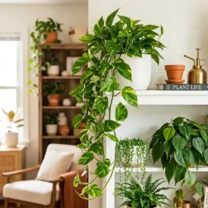 A lush green English ivy displayed as a classic example of trailing indoor house plants in a home setting.