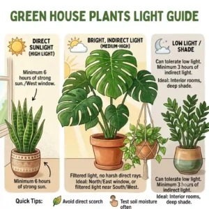 An instructional illustration showing the different sunlight needs for various green house plants, from low light to direct sun.