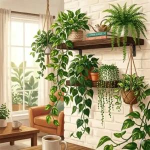 Minimalist ceramic hanging planters holding vibrant green trailing house plants near a sunny window.