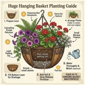 An instructional illustration showing the step-by-step process of layering soil and flowers in huge hanging baskets.