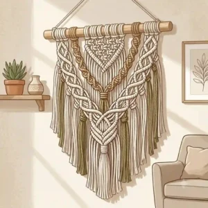 Bohemian style macrame rope artwork with fringe and geometric patterns.