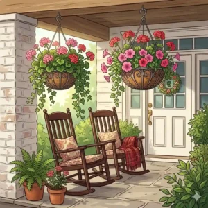 Close-up of nice hanging baskets featuring lush trailing petunias in a bright garden setting.