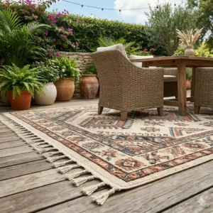 A vibrant patio dining area featuring geometric outdoor rugs 8x10 boho style.