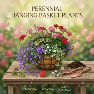 An illustration showcasing a variety of top perennial hanging baskets plants including fuchsia, heuchera, and ivy for garden decor.