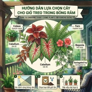 An illustrated guide showcasing top plant varieties like coleus and ferns for hanging baskets for shade.