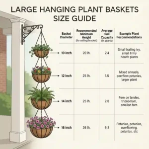 An illustrative size chart detailing the diameter and depth of different large hanging plant baskets to help select the right plant types.