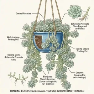 An botanical illustration diagram showing the elongated stems and rosette spacing of a mature trailing echeveria.