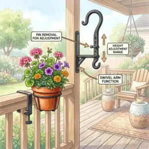 A detailed diagram of an adjustable deck plant hangers hook demonstrating how to extend and rotate the arm.