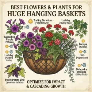 A botanical illustration showcasing the best cascading flowers and foliage to use for planting huge hanging baskets.