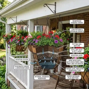A clean diagram illustrating the interior self-watering mechanics and water reservoir system of modern large hanging plant baskets.