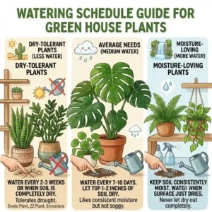 A helpful care guide illustration demonstrating the correct way to water green house plants and check soil moisture.