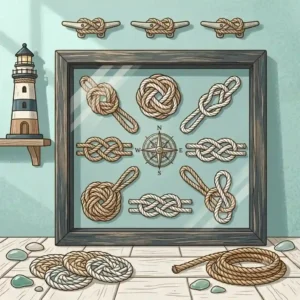 Coastal-themed rope artwork showcasing traditional marine knots framed as wall art.