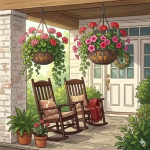 Modern home interior showcasing nice hanging baskets with green indoor plants near a window.