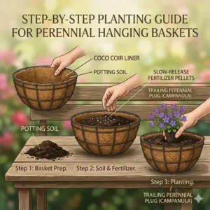 A step-by-step diagram illustrating how to layer soil, slow-release fertilizer, and perennials into a coco coir-lined perennial hanging baskets setup.